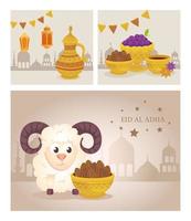 cards, eid al adha mubarak, happy sacrifice feast, with decoration vector