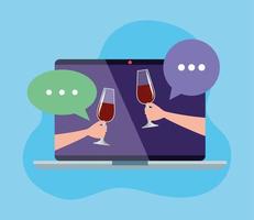 hands with cups wine in laptop, online party concept on blue background vector