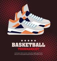 torneo de baloncesto, emblema, diseño con pelota de baloncesto y zapatos deportivos vector