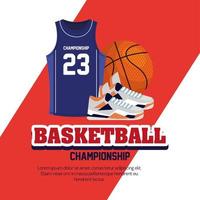 campeonato de baloncesto, emblema, diseño con pelota de baloncesto, zapatillas y camiseta sin mangas