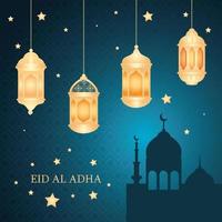 eid al adha mubarak, happy sacrifice feast, with lanterns hanging vector