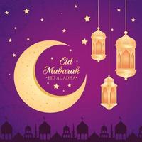 eid al adha mubarak, happy sacrifice feast, lanterns hanging and moon vector