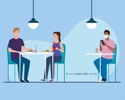 distancia social en restaurante de nuevo concepto, personas en mesas, protección, prevención del coronavirus covid 19 vector