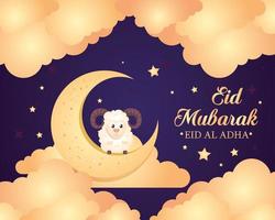 eid al adha mubarak, happy sacrifice feast, goat with moon and clouds vector