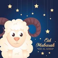 eid al adha mubarak, happy sacrifice feast, with goat and stars decoration vector