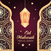 eid al adha mubarak, fiesta de sacrificio feliz, con linternas colgando decoración vector