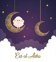 eid al adha mubarak, happy sacrifice feast, moons and sheep hanging decoration