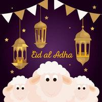 eid al adha mubarak, fiesta de sacrificio feliz, ovejas con linternas colgando y decoración vector