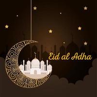 eid al adha mubarak, feliz fiesta de sacrificio, luna y mezquita colgando vector