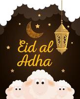 eid al adha mubarak, happy sacrifice feast, sheep with lantern hanging and moon vector