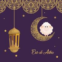 eid al adha mubarak, fiesta de sacrificio feliz, ovejas con luna y linterna colgando vector