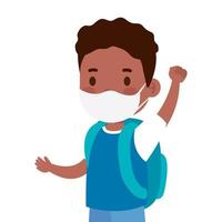 cute student boy afro wearing medical mask to prevent coronavirus covid 19 with school bag vector