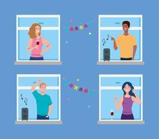 young people having party on window, social distancing concept vector