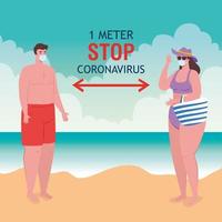 social distancing on the beach, couple wearing medical mask keep distance one meter, new normal summer beach concept after coronavirus or covid 19 vector