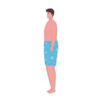 man in shorts blue color, happy guy in swimsuit on white background vector