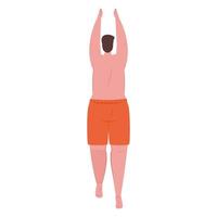 man of back in shorts orange color, happy guy in swimsuit on white background vector