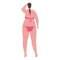 Linda mujer regordeta de espalda en traje de baño de color rosa sobre fondo blanco. vector