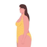 Linda mujer regordeta en traje de baño de color amarillo sobre fondo blanco. vector