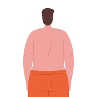 man of back in shorts orange color, happy guy in swimsuit on white background vector