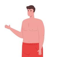 man in shorts red color, happy guy in swimsuit on white background vector