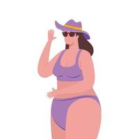 cute plump woman in swimsuit purple color, with summer accessories on white background vector