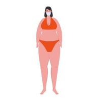 cute plump woman in swimsuit orange color, wearing medical mask, covid 19 summer vacation vector