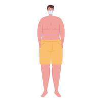 hombre con pantalones cortos de color amarillo, con máscara médica, covid 19 vacaciones de verano vector