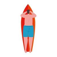 man of back in lying down on surfboard with shorts blue color on white background vector