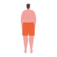 man of back in shorts orange color, happy guy in swimsuit on white background vector