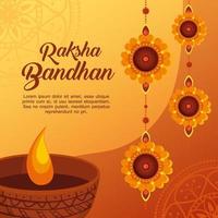 greeting card with decorative set of rakhi hanging and candle light for raksha bandhan, indian festival for brother and sister bonding celebration