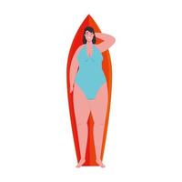 linda mujer regordeta acostada en la tabla de surf con traje de baño de color azul sobre fondo blanco vector