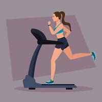 sport, woman running on treadmill, sport person at the electrical training machine vector