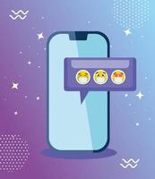 smartphone with set emojis, yellow faces in speech bubble with smartphone device vector