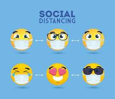 emoji de distanciamiento social con máscara médica, caras amarillas en distanciamiento social público para la prevención de covid 19 vector