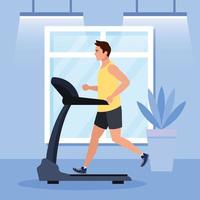 sport, man running on treadmill in the house, sport person at the electrical training machine in gym home vector