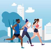 jogging with cityscape, people running race outdoor, people in sportswear jogging vector