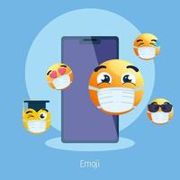 smartphone with set emojis, yellow faces in smartphone device vector
