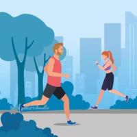 couple jogging, woman and man running in cityscape, couple in sportswear jogging vector