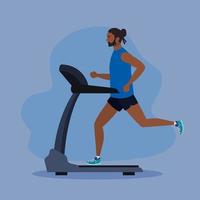 deporte, hombre afro corriendo en la cinta de correr, deportista afro en la máquina de entrenamiento eléctrico sobre fondo morado vector