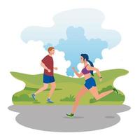 couple jogging in park landscape, couple running outdoor, couple in sportswear jogging in nature vector