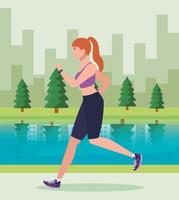 mujer corriendo en el parque, mujer en ropa deportiva trotando al aire libre, atleta femenina en el paisaje vector