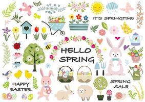 Spring And Happy Easter Vector Illustration Set Isolated On A White Background.