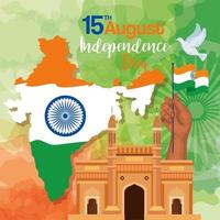 feliz día de la independencia india, celebración del 15 de agosto, con puerta de enlace y mapa de la india vector