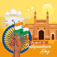feliz día de la independencia india, celebración del 15 de agosto, con puerta de enlace y decoración de iconos vector