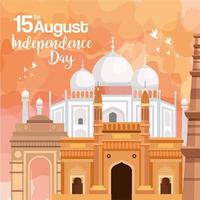 feliz día de la independencia india, celebración el 15 de agosto, con monumentos tradicionales y decoración vector