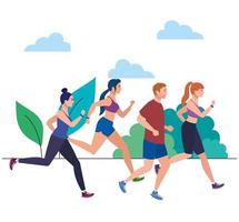 jogging people in landscape, people running race in park, people in sportswear jogging in outdoor vector