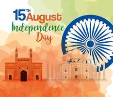 feliz día de la independencia india, celebración el 15 de agosto, con monumentos tradicionales y decoración vector