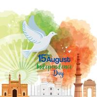 indian happy independence day, celebration 15 august, with monuments traditional and decoration vector