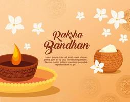 greeting card with decorative candle light and holy powder for raksha bandhan, indian festival for brother and sister bonding celebration vector