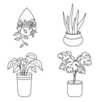 Collection of potted plants. Set of house plants in pots and planters in linear drawing style. Vector illustration isolated on white background